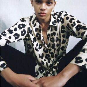 Zara Black and Cream Leopard Print Button Down Shirt